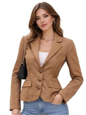 CACHE COUTURE BEAUTIFUL CAMEL TEXTURED WESTERN FLAIR LAMB LEATHER JACKET sz 0